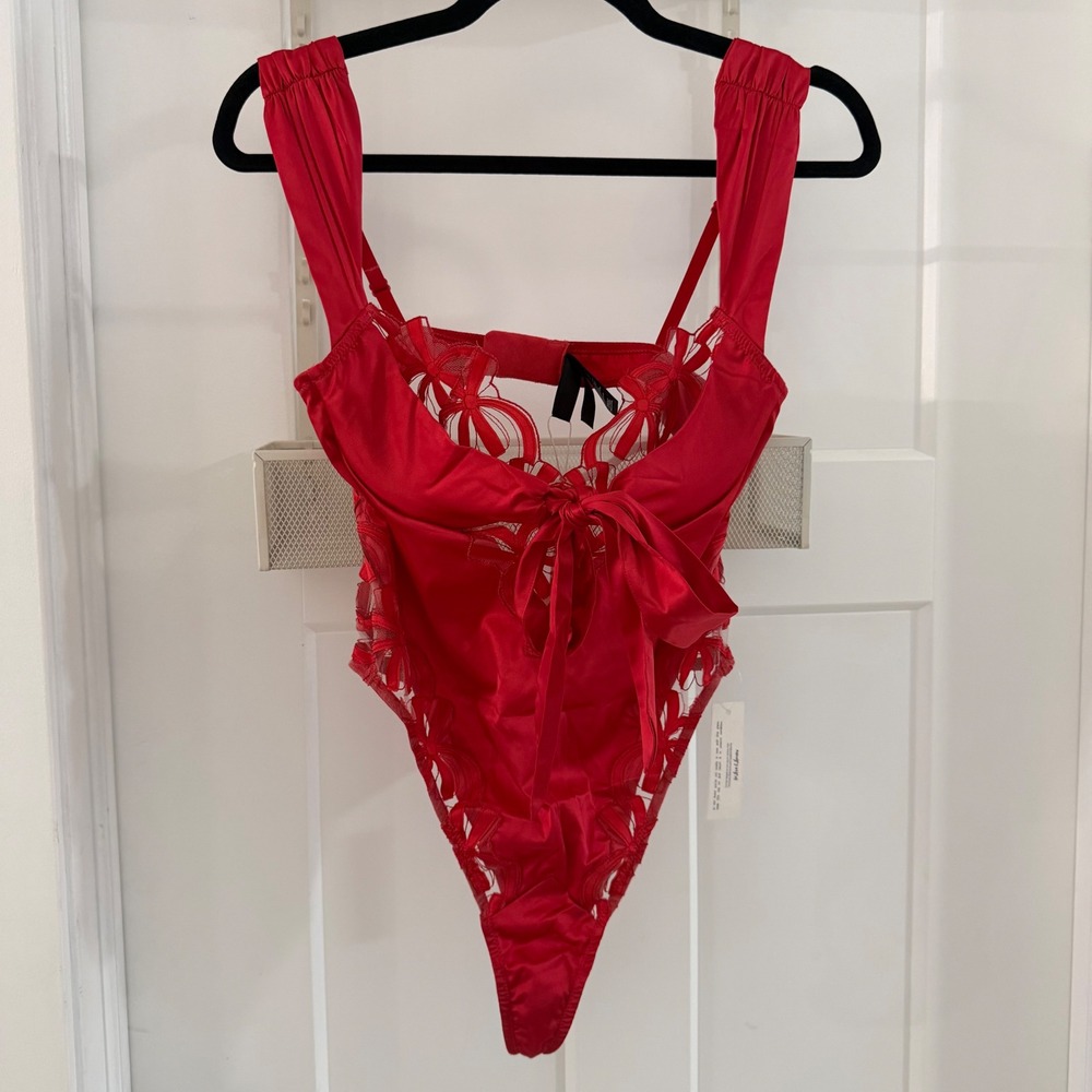 NWT S For Love & Lemons Hallie Teddy Red Satin Lace Bow Back Lingerie Bodysuit